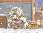  1girl apron arknights basket blonde_hair blush braid brown_apron brown_dress chibi collared_dress crying crying_with_eyes_open dress grey_hair guin_guin house long_hair long_sleeves matchbox multicolored_hair night nose_blush outdoors parted_lips side_braids snow snow_on_head snowing snowsant_(arknights) solo squatting stitches tears trembling twin_braids two-tone_hair very_long_hair wavy_eyes wavy_mouth window 