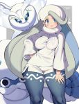  1girl blush breasts earrings gym_leader highres iroyopon jewelry long_hair medium_breasts melon_(pokemon) thick_thighs thighs 