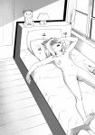  1girl 9nojo after_masturbation barefoot bed bedroom blush breasts curtains greyscale highres hitachi_magic_wand holding holding_phone idolmaster idolmaster_cinderella_girls indoors lamp lying monochrome navel nipples nude on_back open_mouth phone pillow pussy pussy_juice sakurai_momoka sex_toy shaded_face short_hair small_breasts solo spread_legs stuffed_animal stuffed_toy sweat teddy_bear vibrator window 