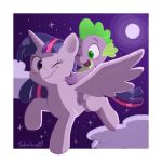  1:1 2019 blush cloud dragon duo equid equine female feral flying friendship_is_magic full_moon green_eyes hasbro hi_res horn male mammal moon my_little_pony night one_eye_closed open_mouth open_smile purple_eyes signature smile spike_(mlp) takatmadisney twilight_sparkle_(mlp) winged_unicorn wings wink 
