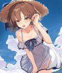  1girl anchor_symbol blush breasts brown_eyes brown_hair cloud cloudy_sky collarbone cowboy_shot day dress eyebrows_visible_through_hair hat highres kantai_collection open_mouth oweee revision short_hair sky sleeveless sleeveless_dress small_breasts smile solo sun_hat white_dress yukikaze_(kantai_collection) 