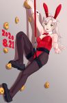  1girl absurdres animal_ears antenna_hair bouldering bow bowtie bunny_ears bunnysuit climbing_wall commentary_request detached_collar full_body green_eyes grey_hair highres kantai_collection kinugasa_(kantai_collection) leotard medium_hair ojipon one_side_up pantyhose rappelling red_leotard red_neckwear remodel_(kantai_collection) rope smile solo strapless strapless_leotard wrist_cuffs 