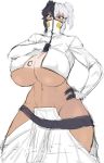  1girl arrancar belt black_hair bleach blue_eyes breast_tattoo breasts cleavage cosplay covered_nipples cropped_jacket curvy dark_skin exabyte_(parallax05) gigantic_breasts hair_between_eyes hand_on_hip hip_vent impossible_clothes loose_belt multicolored_hair original short_twintails solo tan tanline tattoo tier_harribel tier_harribel_(cosplay) twintails two-tone_hair underboob white_hair 