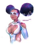  1girl afro alternate_hairstyle alternate_skin_color big_hair black_hair blue_leotard breasts brown_eyes cleavage cleavage_cutout commentary cornrows dark_skin double_bun english_commentary forehead heart_cutout highres lens_flare leotard lips quasimodox rainbow_mika solo street_fighter street_fighter_v upper_body very_dark_skin wrestling_mask wrestling_outfit 