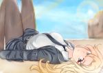  1girl beach belt black_belt black_neckwear blonde_hair bomber_jacket breasts dress_shirt highres hornet_(kantai_collection) jacket kantai_collection large_breasts legs_up long_hair looking_at_viewer lying necktie pantyhose pencil_skirt rukialice sand shirt skirt solo white_shirt 