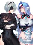  android arms_under_breasts bangs bare_shoulders black_blindfold black_dress blindfold blue_hair breasts cleavage_cutout covered_eyes covered_navel crossed_arms dress feather-trimmed_sleeves forehead_protector hairband headgear highleg highleg_leotard highres juliet_sleeves kos-mos large_breasts leotard long_hair long_sleeves looking_at_another looking_to_the_side mole mole_under_mouth negresco nier_(series) nier_automata parted_bangs puffy_sleeves red_eyes silver_hair simple_background thighs white_leotard xenosaga yorha_no._2_type_b 
