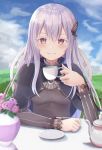  1girl bangs black_capelet black_dress blue_sky blurry blush breasts butterfly_hair_ornament capelet chair cloud cloudy_sky commentary_request cup day dress echidna_(re:zero) flower grass hair_between_eyes hair_ornament hand_up head_tilt highres holding holding_cup long_hair long_sleeves looking_at_viewer medium_breasts outdoors parted_bangs plate re:zero_kara_hajimeru_isekai_seikatsu silver_hair sitting sky smile solo table umineco_1 upper_body 