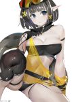  1girl absurdres arknights bandeau bangs bare_shoulders black_hair black_legwear blue_eyes breasts cleavage commentary dated eunectes_(arknights) goggles goggles_on_head highres looking_at_viewer medium_breasts millet_(d323323) navel pointy_ears see-through short_hair simple_background single_thighhigh sitting solo stomach strapless tail thighhighs tubetop white_background 