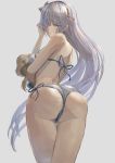  1girl anastasia_(fate/grand_order) ass back bangs bare_shoulders bikini blue_eyes blush breasts closed_mouth doll fate/grand_order fate_(series) hair_over_one_eye hairband highres holding holding_doll large_breasts long_hair looking_at_viewer looking_back silver_hair simple_background swimsuit thighs uutan_(shibainu_kakumei) viy white_bikini 