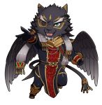  1boy animal_ears asutarou chibi crossed_legs facial_hair feathered_wings floating_hair full_body furry green_eyes jaguar_boy jaguar_ears jaguar_tail male_focus one_eye_covered short_hair tail tezcatlipoca_(tokyo_houkago_summoners) thick_eyebrows tokyo_houkago_summoners wings 