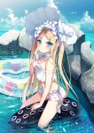  1girl abigail_williams_(fate/grand_order) abigail_williams_(swimsuit) bangs bare_shoulders bikini blonde_hair blue_eyes blue_sky blush bonnet bow breasts closed_mouth fate/grand_order fate_(series) forehead hair_bow innertube long_hair looking_at_viewer miniskirt navel ocean parted_bangs rock sidelocks sitting skirt sky small_breasts smile swimsuit tentacles thighs twintails very_long_hair white_bikini white_bow white_headwear yan_(nicknikg) 
