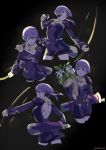 1girl absurdres arrow_(projectile) bernadetta_von_varley bike_shorts bow_(weapon) closed_mouth dated dress earrings fire_emblem fire_emblem:_three_houses flower from_side gloves grey_eyes highres holding holding_bow_(weapon) holding_weapon jewelry long_sleeves multiple_views parted_lips purple_hair quiver shimizu_kazunari short_dress weapon yellow_gloves 