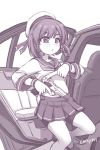  1girl bike_shorts car desert_eagle ebifly etorofu_(kantai_collection) eyebrows_visible_through_hair ground_vehicle gun handgun hat holding holding_gun holding_weapon kantai_collection lifted_by_self long_sleeves monochrome motor_vehicle parted_lips pleated_skirt purple_theme school_uniform serafuku shirt_lift short_hair side_braids signature simple_background skirt solo standing trigger_discipline weapon white_background 