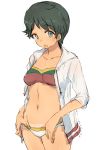  1girl alchera bangs bikini black_hair breasts collarbone commentary_request cowboy_shot drawstring green_eyes hood hooded_jacket hoodie jacket kantai_collection mismatched_bikini mogami_(kantai_collection) multicolored multicolored_bikini multicolored_clothes short_hair simple_background small_breasts solo swept_bangs swimsuit tan tanline white_background white_jacket 
