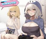  2girls ahoge alternate_costume angry bangs bare_shoulders bed black_nails blonde_hair blue_cape blurry blurry_background blush braid breasts brown_eyes cape chips cleavage clenched_teeth collarbone commentary controller eating english_text eyebrows_visible_through_hair fall_guys fate/grand_order fate_(series) food game_controller holding holding_food hood hood_up jeanne_d&#039;arc_(alter)_(fate) jeanne_d&#039;arc_(fate) jeanne_d&#039;arc_(fate)_(all) large_breasts long_hair looking_at_viewer multiple_girls on_bed open_mouth pillow playing_games potato_chips short_hair silver_hair single_braid sitting smile suou-sensei teeth yellow_eyes 