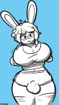 absurd_res anthro big_breasts breast_grab breast_squish breasts bulge clothed clothing gynomorph hand_on_breast hi_res huge_breasts intersex lagomorph leporid mammal rabbit slightly_chubby solo squish teabunni thick_thighs 