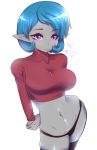  anime big_breasts blue_hair breasts clothed clothing digital_media_(artwork) elf female hair hi_res human humanoid humanoid_pointy_ears legwear mammal not_furry simple_background smile solo tr.anonymous.h 