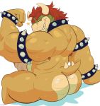  2020 anthro armband armpit_hair back_muscles biceps bodily_fluids body_hair bowser bracelet butt collar erection flexing genitals ghoskee hair hi_res horn jewelry koopa looking_at_viewer looking_back male mario_bros muscular muscular_anthro muscular_male narrowed_eyes nintendo nude one_eye_closed penis rear_view reptile scalie simple_background sitting smile solo spiked_armband spiked_bracelet spiked_collar spikes star sweat teeth uncut vein veiny_muscles veiny_penis video_games white_background wink 
