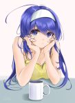  ahoge bangs black_bra blue_eyes blue_hair blush bra breast_rest breasts camisole chaesu chin_rest cleavage coffee_mug cup eyebrows_visible_through_hair hairband highres huge_ahoge long_hair looking_at_viewer medium_breasts messy_hair mug orie_(under_night_in-birth) pout see-through spaghetti_strap under_night_in-birth underwear white_hairband 