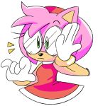  2017 accessory amy_rose anthro bracelet cherucat clothing dress emanata eulipotyphlan eyewear female fur glasses gloves green_eyes hair_accessory hairband handwear hedgehog jewelry mammal pink_body pink_fur red_clothing red_dress simple_background solo sonic_the_hedgehog_(series) white_background 
