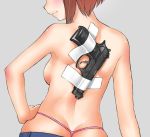 1girl ass beretta_92 blush breasts brown_hair closed_mouth contrapposto duct_tape ebifly from_behind grey_background gun hand_on_hip handgun head_out_of_frame medium_breasts original panties pink_panties pistol profile short_hair simple_background smile solo standing thong topless underwear weapon 