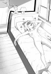  1boy 1girl 9nojo after_masturbation barefoot bed bedroom blush bow breasts curtains fat fat_man greyscale hair_bow highres hitachi_magic_wand holding holding_phone idolmaster idolmaster_cinderella_girls indoors lamp lying monochrome navel nipples nude on_back open_mouth phone pillow pussy pussy_juice sakurai_momoka sex_toy shaded_face short_hair small_breasts spread_legs stuffed_animal stuffed_toy sweat teddy_bear vibrator window 
