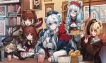  6+girls :d :q absinthe_(arknights) absurdres alternate_costume animal_ears arknights bear_ears blonde_hair blue_eyes blue_hair blue_headwear blue_neckwear bookshelf bottle braid bread breasts brown_hair brown_jacket closed_eyes commentary cup diagonal_stripes food fruit frying_pan grey_hair gummy_(arknights) hair_ornament hairband hat heterochromia highres holding holding_bottle holding_frying_pan holding_plate iku!_iku!! indoors istina_(arknights) jacket leta_(arknights) long_sleeves looking_at_another medium_breasts monocle mug multicolored_hair multiple_girls neckerchief necktie open_mouth pancake peaked_cap picture_frame plate red_eyes red_hair red_hairband red_neckwear rosa_(arknights) smile strawberry streaked_hair striped tongue tongue_out twin_braids upper_body white_hair x_hair_ornament zima_(arknights) 