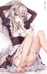  1girl 9a-91_(girls_frontline) absurdres blue_eyes blush breasts dress eyebrows_visible_through_hair girls_frontline grey_hair hair_between_eyes hair_ornament hand_in_hair highres long_hair looking_at_viewer maid maid_dress no_shoes panties ponytail sitting sitting_on_floor small_breasts so_myeolchi solo star_(symbol) star_hair_ornament thighhighs underwear white_background white_legwear 