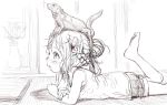  1girl animal_on_head barefoot blush bosako_(haguhagu) braid feet_up french_braid from_side haguhagu_(rinjuu_circus) hair_bun horns iguana_(animal) lying nose_blush on_head on_stomach original parted_lips shirt shorts sketch 