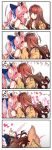  2girls @_@ animal_ear_fluff animal_ears blue_kimono blue_ribbon blush breasts brown_hair cleavage eyebrows_visible_through_hair fate/extella fate/extra fate/extra_ccc fate/grand_order fate_(series) fox_ears fox_girl fox_tail hair_ribbon heart highres japanese_clothes kimono kishinami_hakuno_(female) kiss large_breasts multiple_girls pink_hair ribbon saliva saliva_swap school_uniform speech_bubble surprised tail tamamo_(fate)_(all) tamamo_no_mae_(fate) trembling wisespeak yellow_eyes yuri 