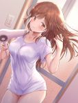  1girl bangs blush breasts brown_eyes brown_hair closed_mouth collarbone commentary_request cowboy_shot drying drying_hair dutch_angle eyebrows_visible_through_hair hair_dryer hirokazu_(analysis-depth) holding indoors io_(princess_connect!) io_(real)_(princess_connect!) light_switch long_hair medium_breasts no_pants princess_connect! princess_connect!_re:dive shirt short_sleeves solo thighs water white_shirt 
