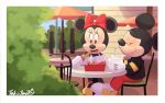  2020 accessory anthro beverage black_nose chair clothing disney duo_focus eating female footwear furniture group hair_accessory hair_bow hair_ribbon hi_res male mammal mickey_mouse minnie_mouse mouse murid murine open_mouth plant ribbons rodent shrub signature silhouette sitting table takatmadisney tongue umbrella 