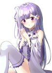  1girl :o absurdres bangs bare_shoulders blunt_bangs blush braid breasts commentary_request detached_sleeves dress emilia_(re:zero) eyebrows_visible_through_hair flower french_braid hair_flower hair_ornament hair_ribbon hands_up highres knee_up large_breasts lavender_hair long_hair looking_at_viewer medium_breasts miniskirt own_hands_together parted_lips pleated_skirt pointy_ears purple_eyes purple_ribbon re:zero_kara_hajimeru_isekai_seikatsu ribbon silver_hair simple_background sitting skirt solo thighhighs white_background white_dress white_legwear x_hair_ornament yeoru 