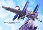  beam_rifle character_name copyright_name energy_gun floating green_eyes gun gundam gundam_build_divers gundam_build_divers_re:rise gundam_tertium holding holding_gun holding_weapon looking_to_the_side mecha no_humans sky solo v-fin weapon yanase_takayuki 