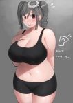  1girl absurdres arm_behind_back bare_shoulders blush breasts cleavage commentary_request curvy drill_hair flying_sweatdrops grey_background highres huge_breasts idolmaster idolmaster_cinderella_girls kanzaki_ranko oruka_(kamituki0827) plump red_eyes short_hair short_shorts shorts silver_hair solo thick_thighs thighs translation_request wide_hips 