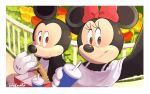  2020 accessory anthro beverage black_nose clothing disney duo eating female fence flower food hair_accessory hair_bow hair_ribbon hi_res male mammal mickey_mouse minnie_mouse mouse murid murine plant ribbons rodent selfie signature takatmadisney 