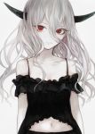  1girl bangs bare_shoulders black_dress closed_mouth collarbone commentary_request demon_horns dress grey_background grey_hair hair_between_eyes hasunokaeru horns long_hair looking_at_viewer navel off-shoulder_dress off_shoulder original pale_skin red_eyes simple_background solo upper_body 