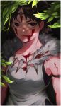  1girl arms_at_side artist_name bare_arms blood blood_on_face bloody_clothes breasts brown_eyes brown_hair collarbone commentary_request earrings facepaint facial_mark fur highres jewelry looking_at_viewer medium_breasts mononoke_hime necklace plant san short_hair solo studio_ghibli tooth_necklace 