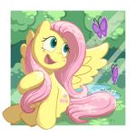 1:1 2019 ambiguous_gender arthropod blush butterfly cutie_mark equid equine feathered_wings feathers female feral fluttershy_(mlp) friendship_is_magic grass green_eyes group hasbro hi_res insect lepidopteran mammal my_little_pony open_mouth open_smile signature sitting smile takatmadisney water wings 