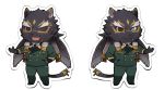  1boy alternate_costume animal_ears asutarou chibi crossed_legs facial_hair feathered_wings floating_hair full_body furry green_eyes jaguar_boy jaguar_ears jaguar_tail male_focus one_eye_covered short_hair tail tezcatlipoca_(tokyo_houkago_summoners) thick_eyebrows tokyo_houkago_summoners wings 