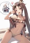  1boy 1girl bangs banned_artist bare_shoulders bikini blush breasts brown_eyes brown_hair cleavage consort_yu_(fate) earrings eyewear_on_head fate/grand_order fate_(series) hair_ornament heart jewelry kyoeiki long_hair looking_at_viewer multiple_earrings navel open_clothes open_mouth parted_bangs robe smile sunglasses swimsuit thighs thought_bubble twintails very_long_hair white_bikini wrist_wrap xiang_yu_(fate/grand_order) yu_miaoyi_(swimsuit_lancer) 
