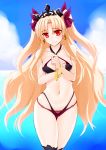  1girl bare_shoulders bikini black_bikini black_headwear black_legwear blonde_hair blue_sky bracelet breasts cloud collarbone commentary_request earrings engo_(aquawatery) ereshkigal_(fate/grand_order) fate/grand_order fate_(series) hair_ribbon jewelry kneehighs light_blush long_hair looking_at_viewer medium_breasts navel ocean purple_bikini purple_ribbon red_eyes ribbon sky smile solo swimsuit tiara two-tone_bikini two_side_up very_long_hair water 