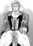  1boy bara blush bulge chest epaulettes facial_hair fate/grand_order fate_(series) fringe_trim goatee greyscale highres katou_ameya little_penis long_sleeves looking_at_viewer male_focus monochrome muscle napoleon_bonaparte_(fate/grand_order) pants pectorals pee pee_leak peeing peeing_self penis scar short_hair sideburns solo thick_thighs thighs uniform welcome_to_the_travelling_circus! white_pants 