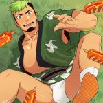  1boy abs bara black_hair briefs bulge chest facial_hair food goatee green_eyes highres japanese_clothes kimono male_focus multicolored_hair muscle nipples open_clothes open_kimono pectorals sausage sexually_suggestive short_hair smile solo taurus_mask tokyo_houkago_summoners underwear upper_body zifuuuun 