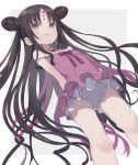  1girl arms_behind_back ass_visible_through_thighs bangs bare_arms bare_shoulders black_hair blush breasts brown_eyes closed_mouth commentary_request double_bun dutch_angle eyebrows_visible_through_hair facial_mark fate/grand_order fate_(series) forehead_mark grey_background highres long_hair one-piece_swimsuit parted_bangs pink_swimsuit sesshouin_kiara sesshouin_kiara_(swimsuit_mooncancer)_(fate) small_breasts smile solo swimsuit totatokeke two-tone_background very_long_hair white_background white_swimsuit younger 