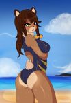  anthro beach blush brown_body brown_fur brown_hair cervid cherrybxnnie clothing female fluffy fluffy_tail flustered fur hair hazel hi_res looking_back mammal seaside solo swimwear 