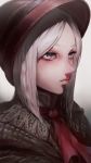  1girl absurdres artist_name ascot bangs bloodborne bonnet brown_cloak cloak close-up commentary face gradient gradient_background grey_background grey_eyes grey_hair hat highres ibuo_(ibukht1015) looking_at_viewer plain_doll red_headwear red_neckwear ribbon-trimmed_headwear ribbon_trim short_hair solo 