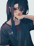  1girl 8rk9 black_hair black_shirt blood ear_piercing highres long_hair looking_down nosebleed original piercing red_eyes shirt solo wiping_face 