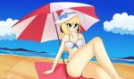  absurd_res anthro beach blonde_hair blue_eyes canid canine canis cherrybxnnie clothing domestic_dog eyewear female glasses hair hat headgear headwear hi_res lumi mammal seaside solo swimwear two_piece_swimsuit umbrella 