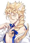  1boy adapted_costume animal_ear_fluff animal_ears birthmark bow braid cat_boy cat_ears center_opening chest chinese_commentary claws cleavage_cutout clip_studio_paint_(medium) closed_mouth commentary_request extra_ears giorno_giovanna green_eyes hair_between_eyes hair_bow hair_ribbon hand_up highres joestar_birthmark jojo_no_kimyou_na_bouken kemonomimi_mode male_focus pectorals ribbon simple_background single_braid solo studded symbol_commentary tiyi_(tiyi_a09) vento_aureo white_background 